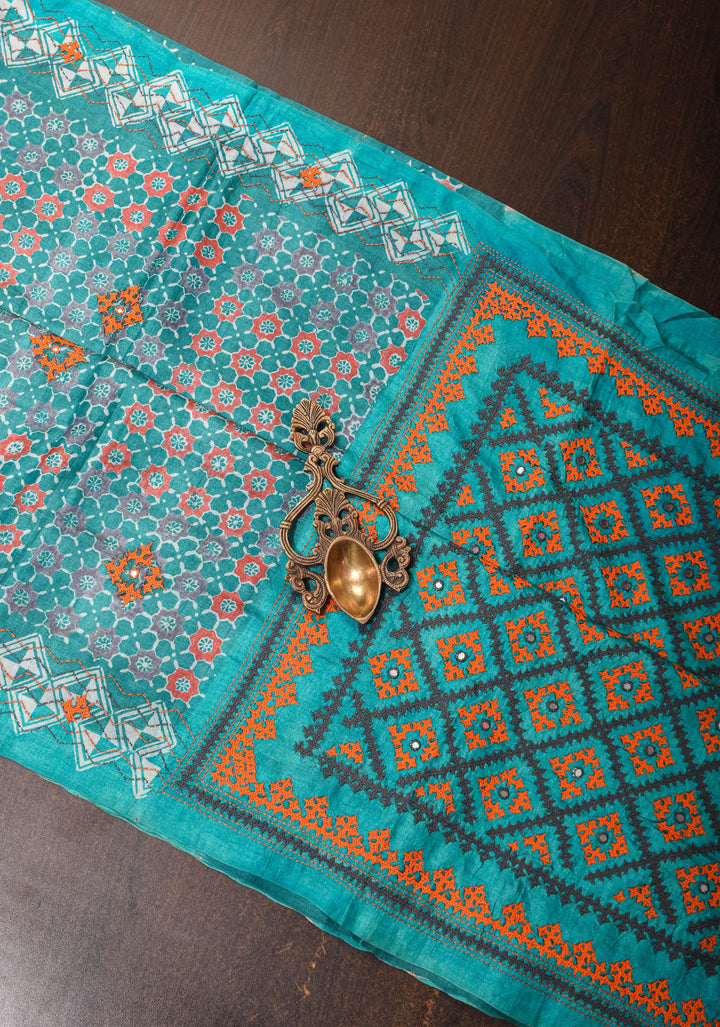 Teal Blue Gachi Tussar Silk Saree with Moroccan Block Print and Mirror Work | CERTIFIED SILK