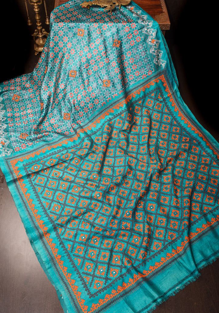 Teal Blue Gachi Tussar Silk Saree with Moroccan Block Print and Mirror Work | CERTIFIED SILK