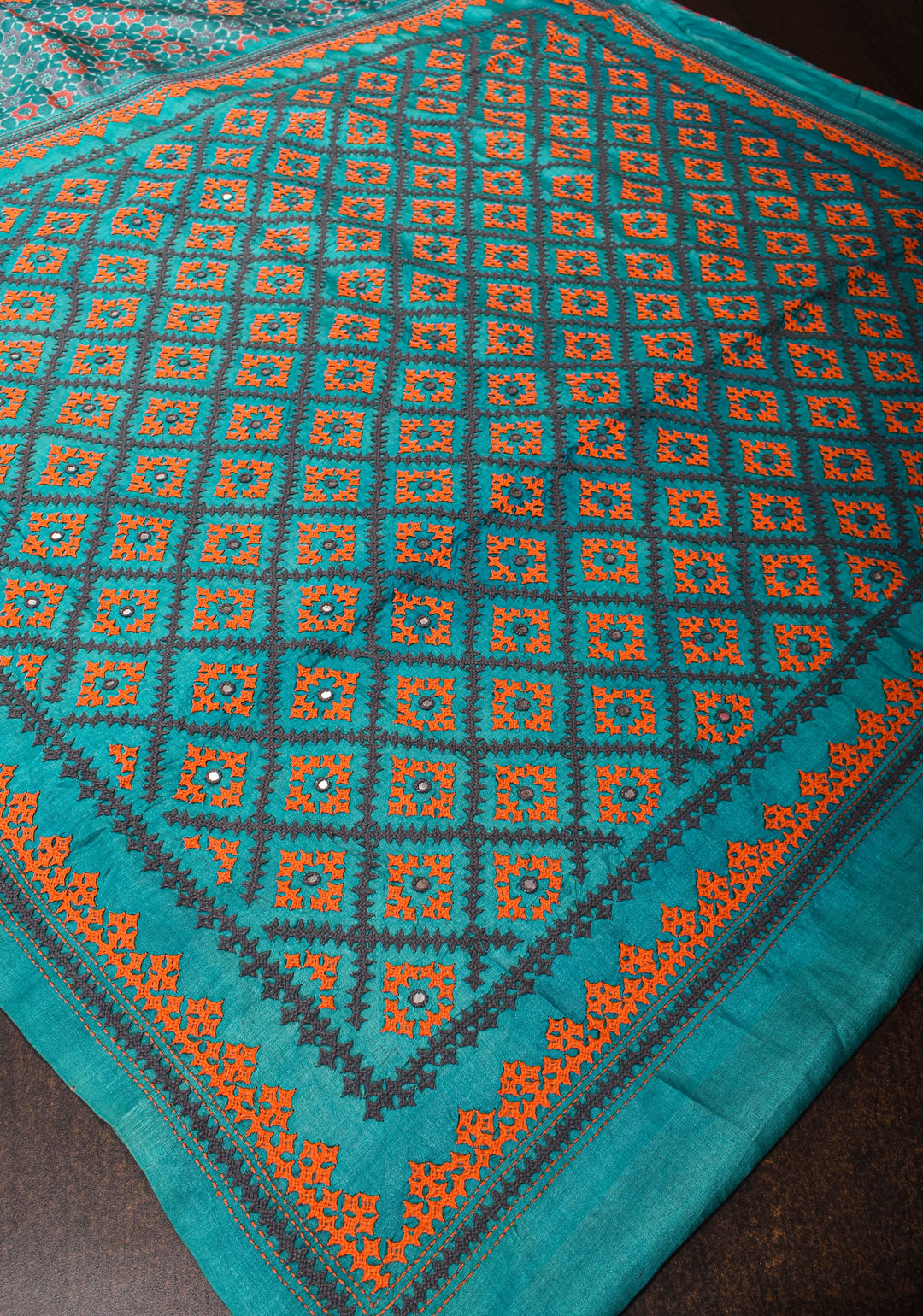 Teal Blue Gachi Tussar Silk Saree with Moroccan Block Print and Mirror Work | CERTIFIED SILK
