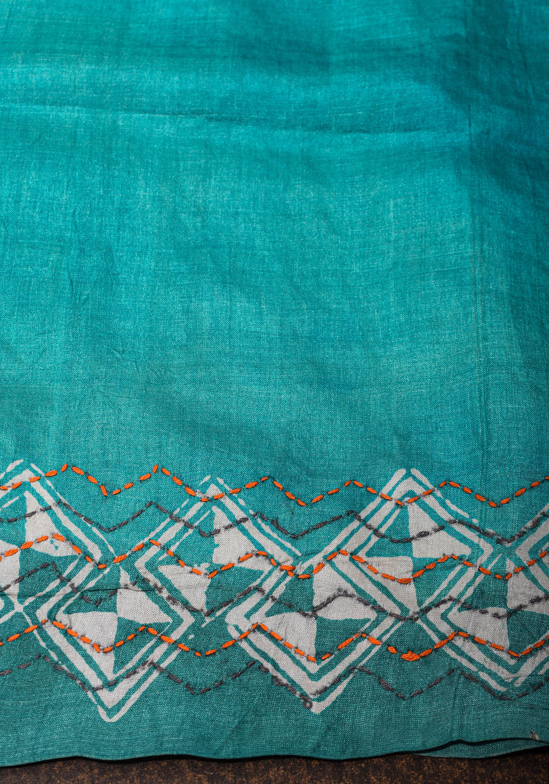 Teal Blue Gachi Tussar Silk Saree with Moroccan Block Print and Mirror Work | CERTIFIED SILK