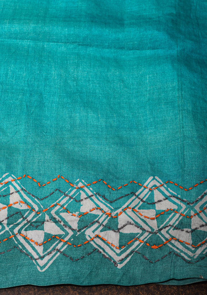 Teal Blue Gachi Tussar Silk Saree with Moroccan Block Print and Mirror Work | CERTIFIED SILK