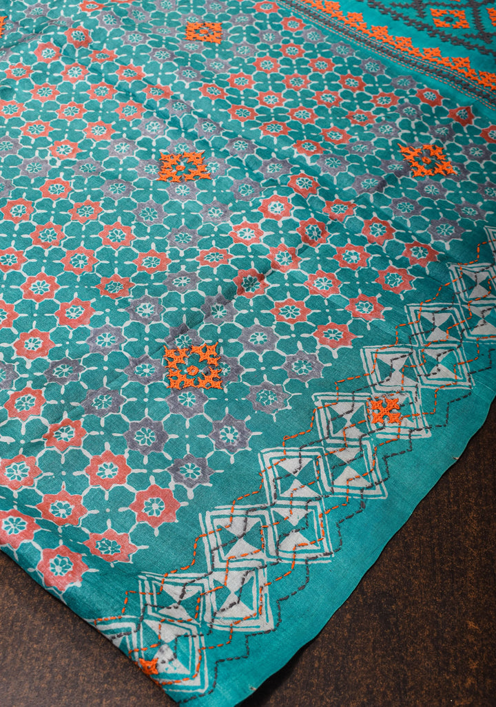 Teal Blue Gachi Tussar Silk Saree with Moroccan Block Print and Mirror Work | CERTIFIED SILK