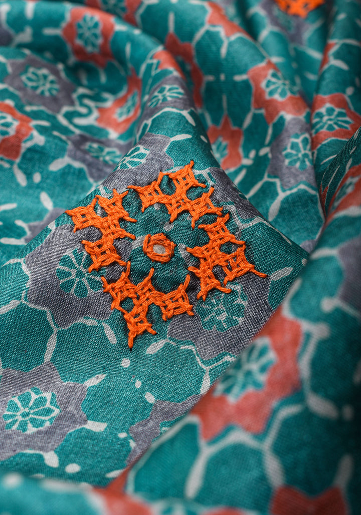 Teal Blue Gachi Tussar Silk Saree with Moroccan Block Print and Mirror Work | CERTIFIED SILK