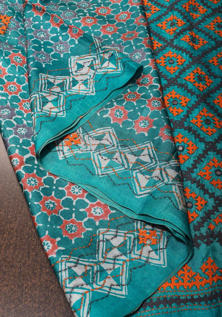 Teal Blue Gachi Tussar Silk Saree with Moroccan Block Print and Mirror Work | CERTIFIED SILK