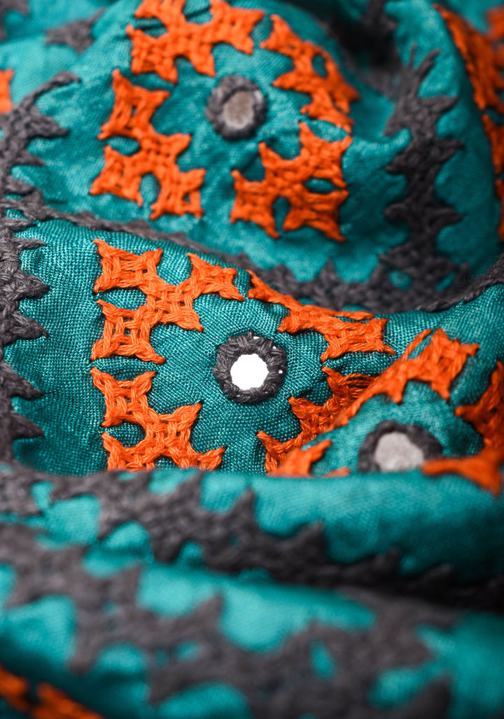 Teal Blue Gachi Tussar Silk Saree with Moroccan Block Print and Mirror Work | CERTIFIED SILK