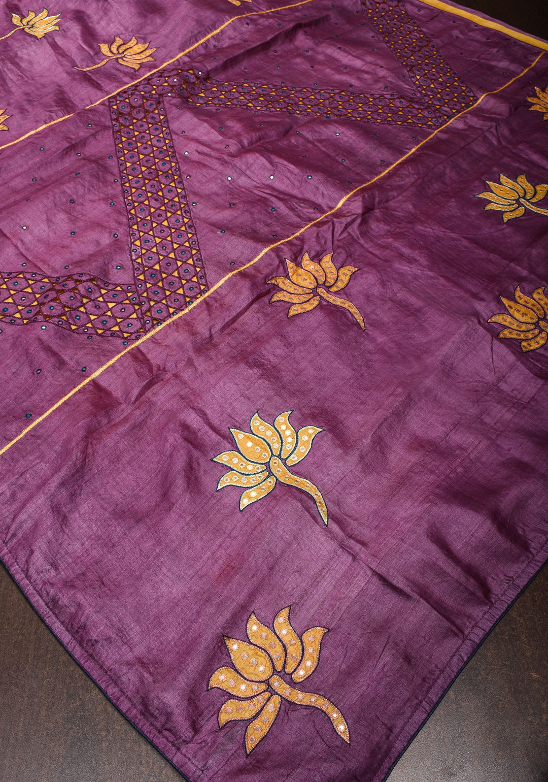 Purple Lotus Batik Gachi Tussar Silk Saree with Mirror Work | CERTIFIED SILK