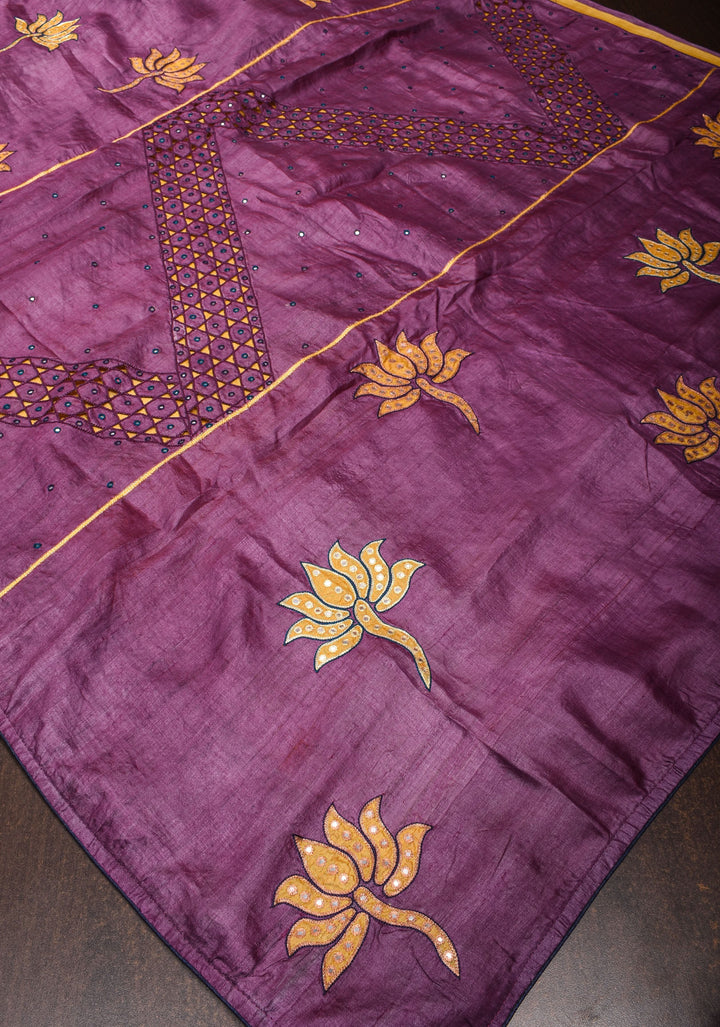 Purple Lotus Batik Gachi Tussar Silk Saree with Mirror Work | CERTIFIED SILK