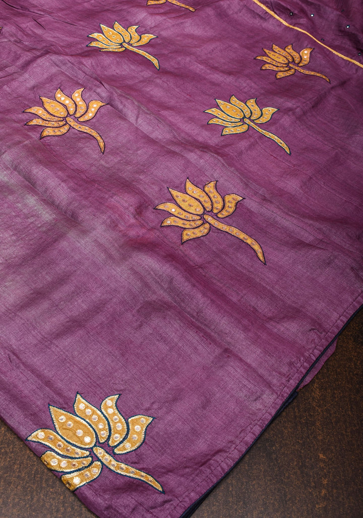 Purple Lotus Batik Gachi Tussar Silk Saree with Mirror Work | CERTIFIED SILK