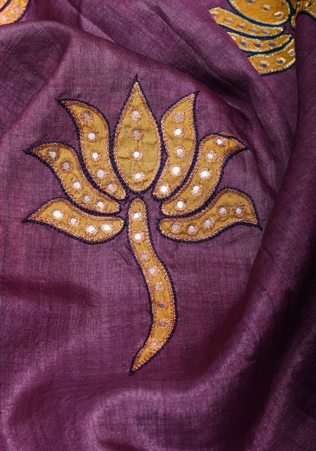 Purple Lotus Batik Gachi Tussar Silk Saree with Mirror Work | CERTIFIED SILK