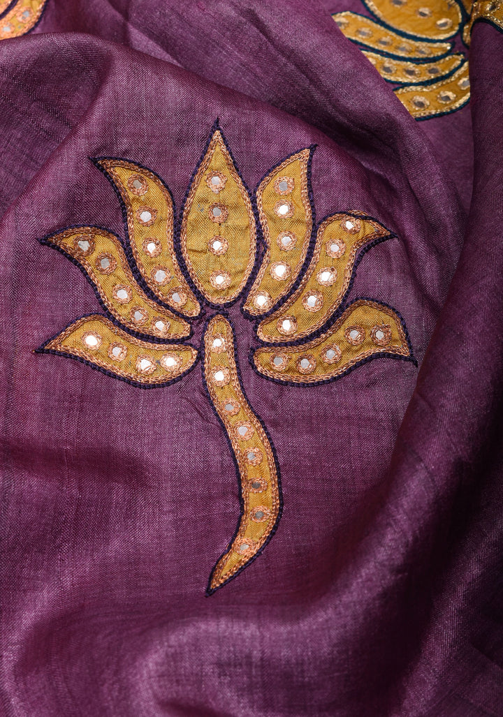 Purple Lotus Batik Gachi Tussar Silk Saree with Mirror Work | CERTIFIED SILK