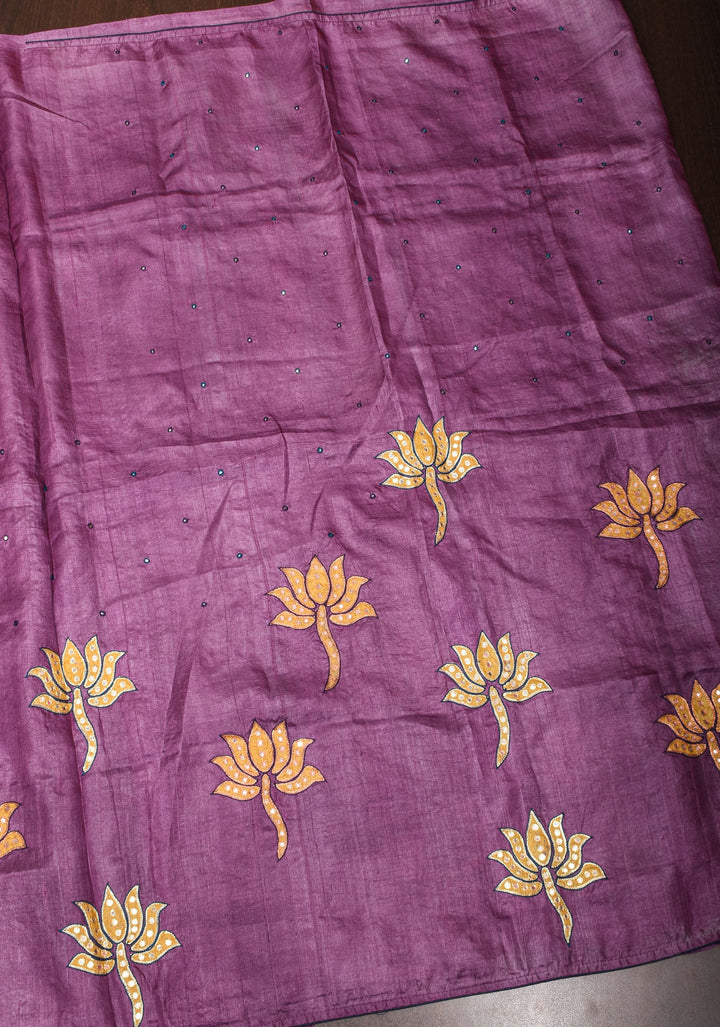 Purple Lotus Batik Gachi Tussar Silk Saree with Mirror Work | CERTIFIED SILK