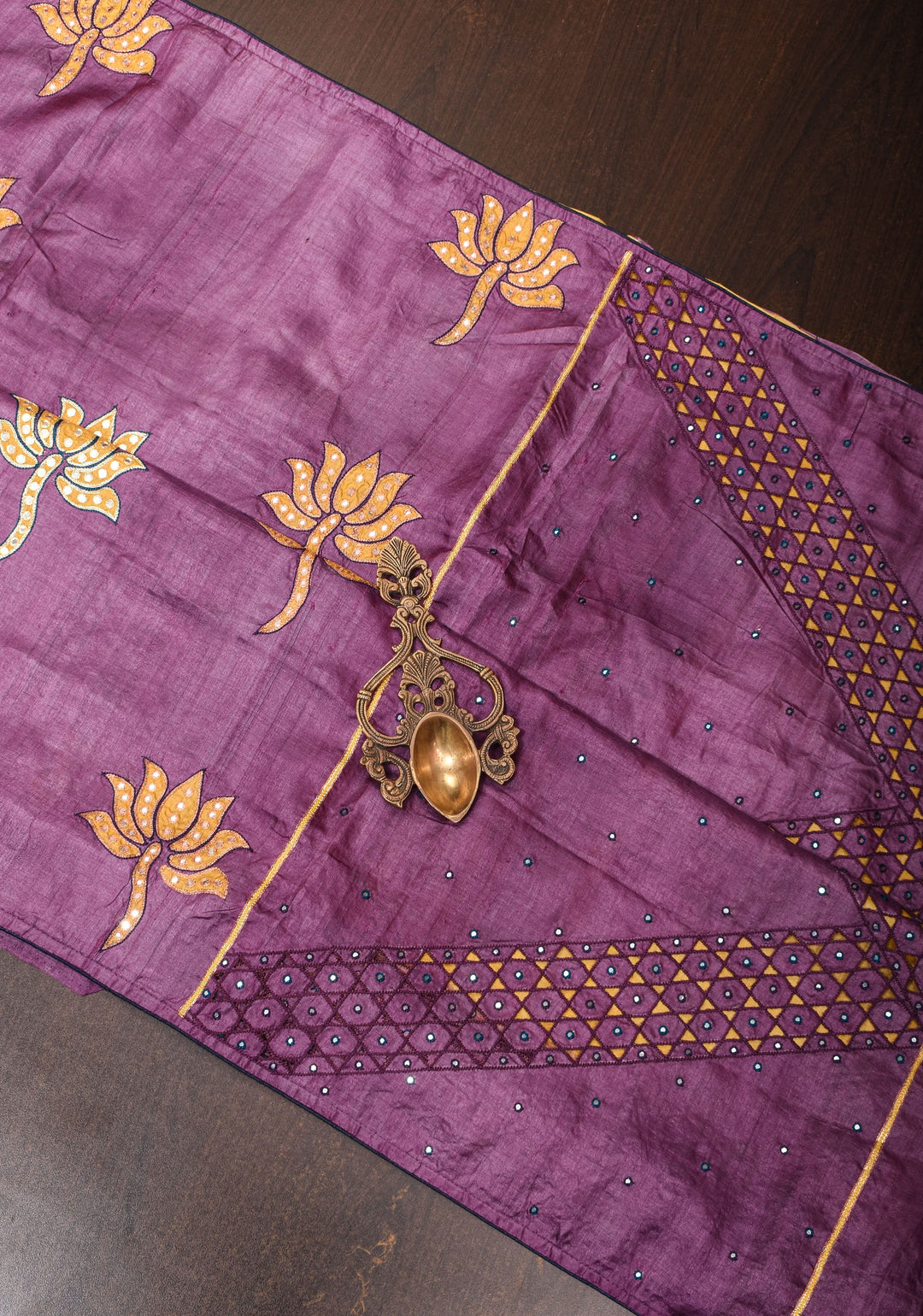 Purple Lotus Batik Gachi Tussar Silk Saree with Mirror Work | CERTIFIED SILK
