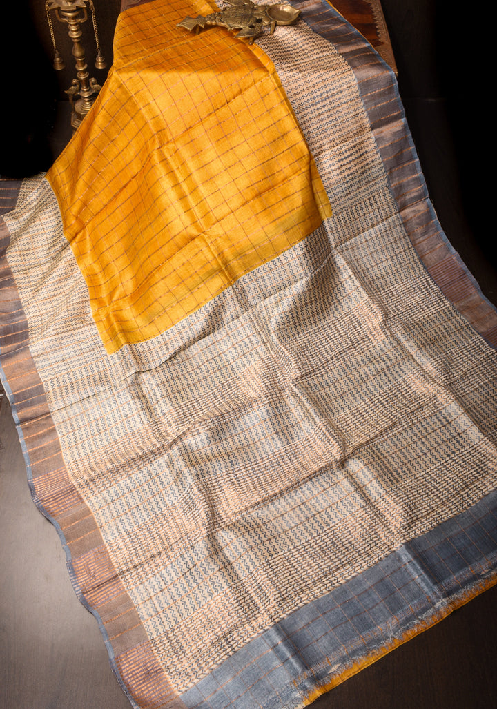 Haldi Yellow Check Pattern Gachi Tussar Silk Saree | SILK MARK CERTIFIED