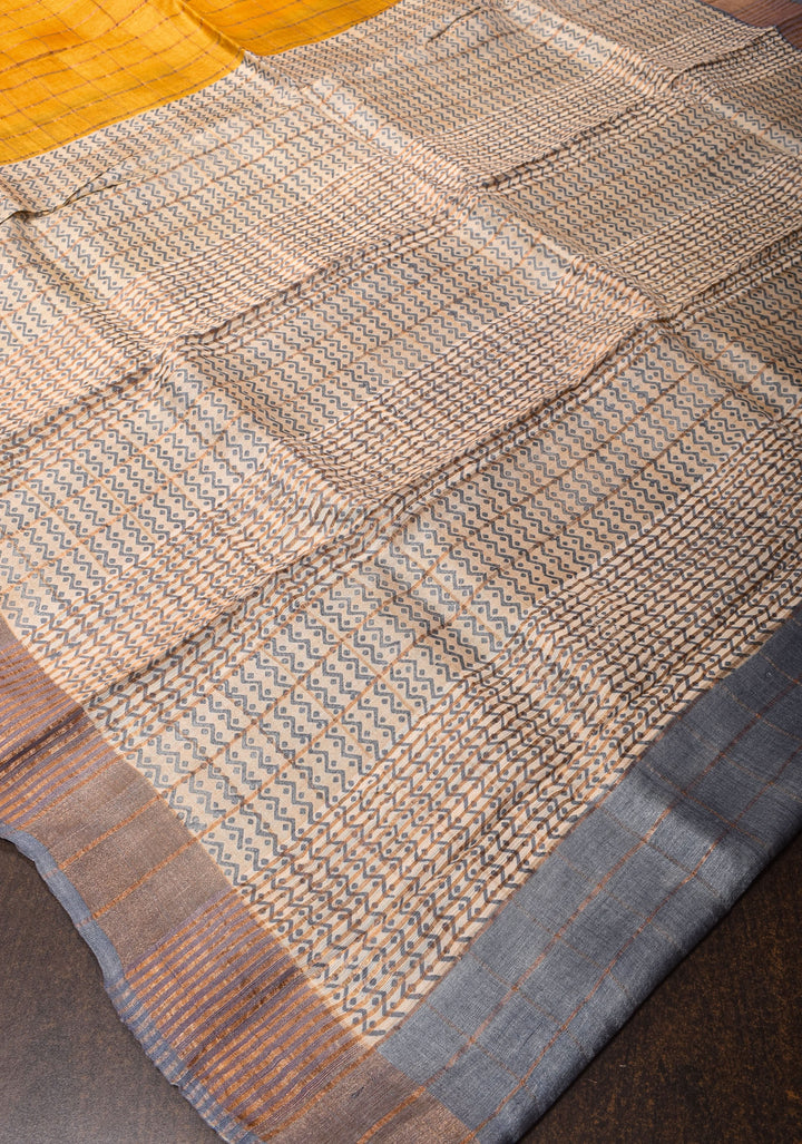 Haldi Yellow Check Pattern Gachi Tussar Silk Saree | SILK MARK CERTIFIED