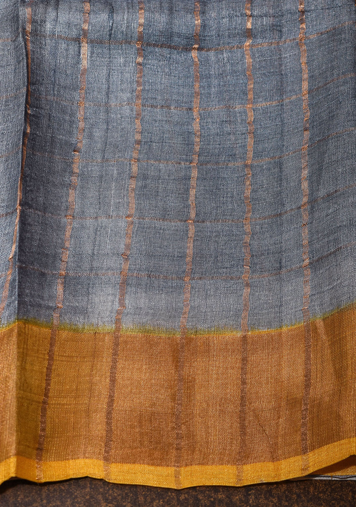 Haldi Yellow Check Pattern Gachi Tussar Silk Saree | SILK MARK CERTIFIED