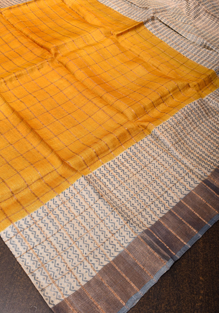 Haldi Yellow Check Pattern Gachi Tussar Silk Saree | SILK MARK CERTIFIED