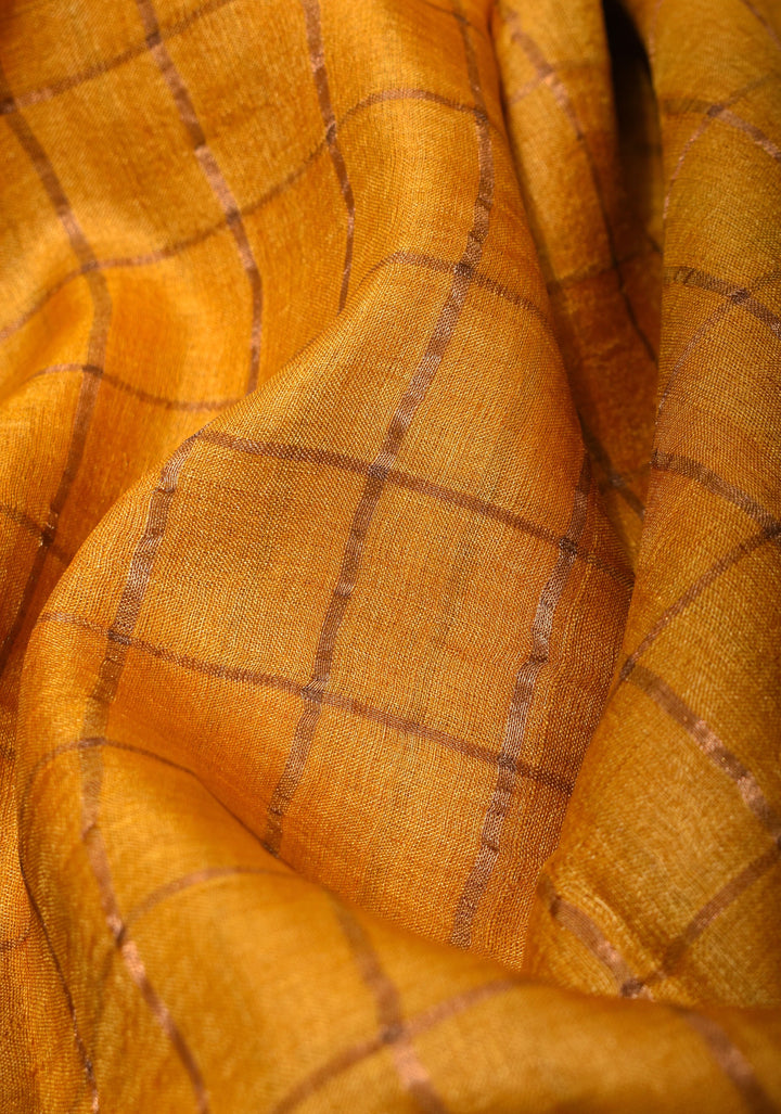 Haldi Yellow Check Pattern Gachi Tussar Silk Saree | SILK MARK CERTIFIED