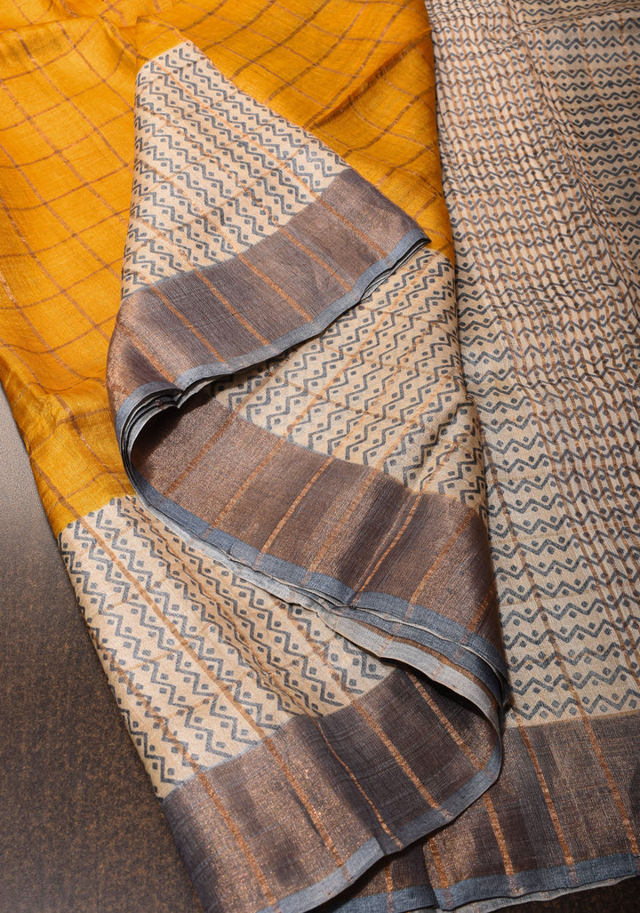 Haldi Yellow Check Pattern Gachi Tussar Silk Saree | SILK MARK CERTIFIED