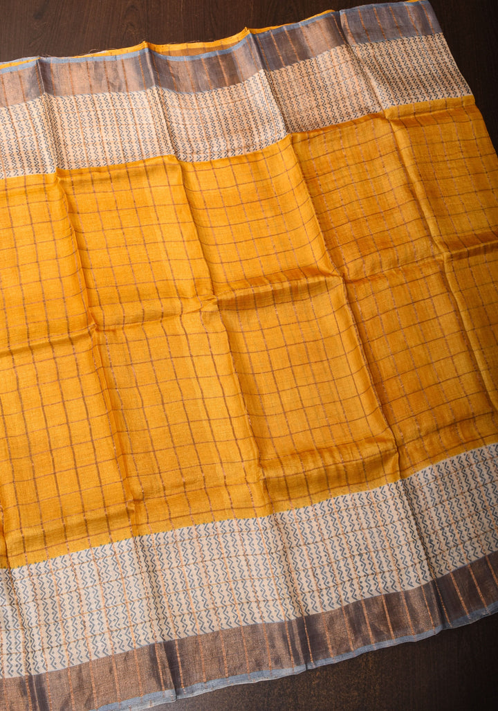 Haldi Yellow Check Pattern Gachi Tussar Silk Saree | SILK MARK CERTIFIED
