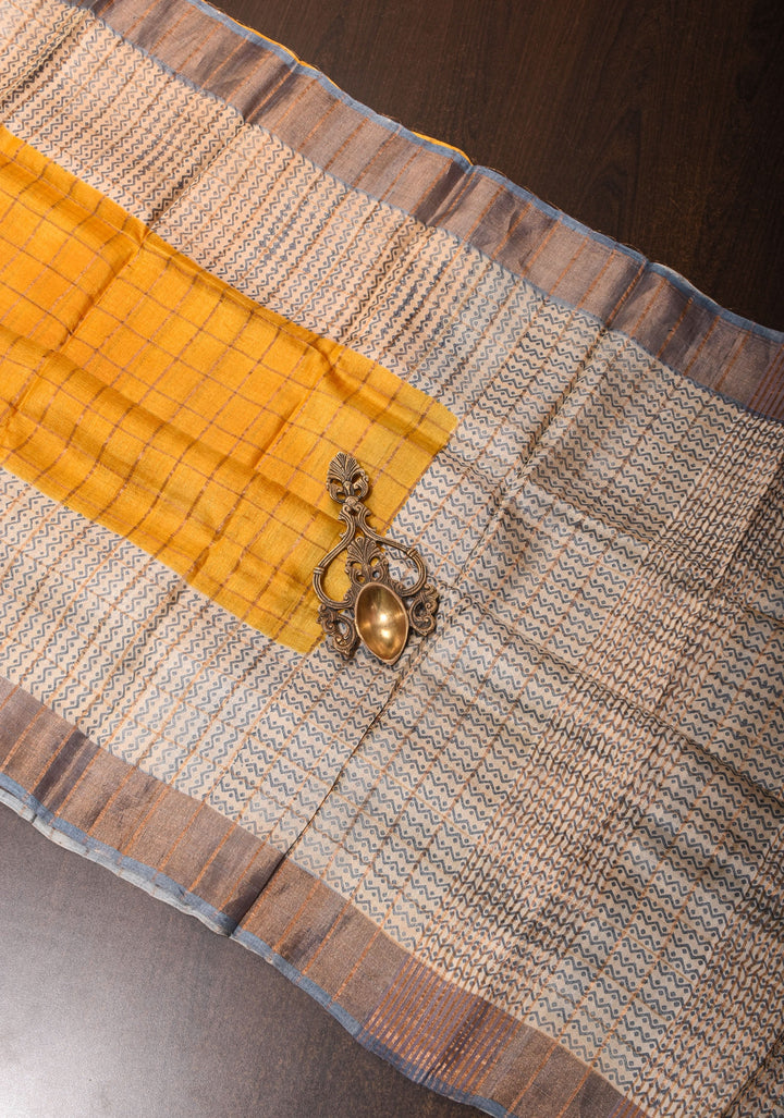 Haldi Yellow Check Pattern Gachi Tussar Silk Saree | SILK MARK CERTIFIED