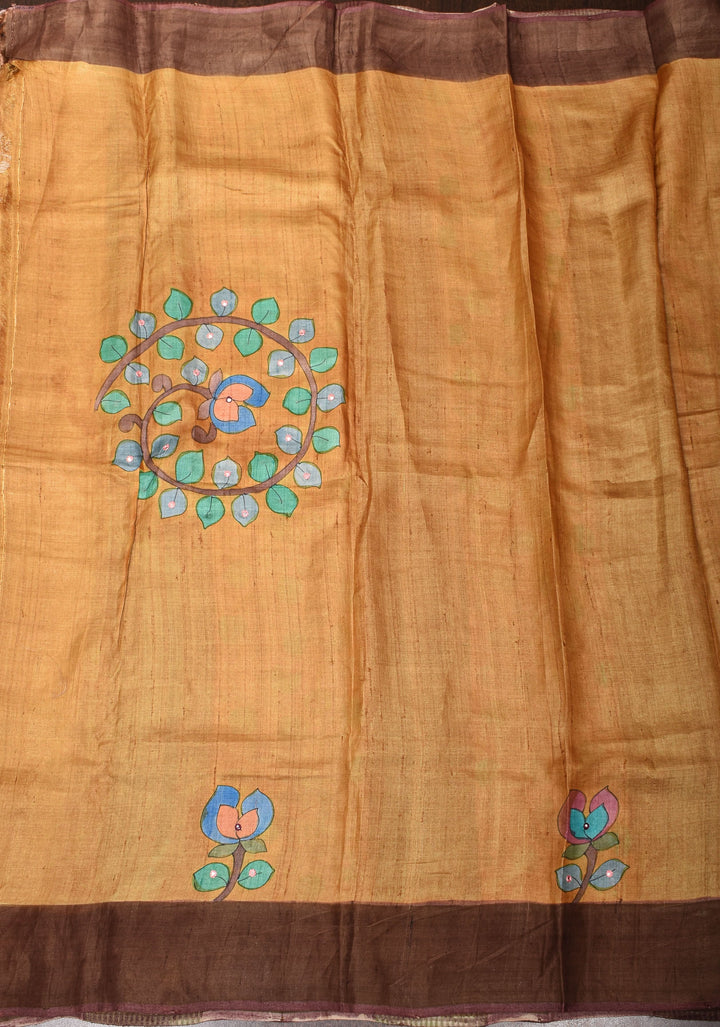 Yellow Half and Half Kalamkari Gachi Tussar Silk Saree | CERTIFIED SILK
