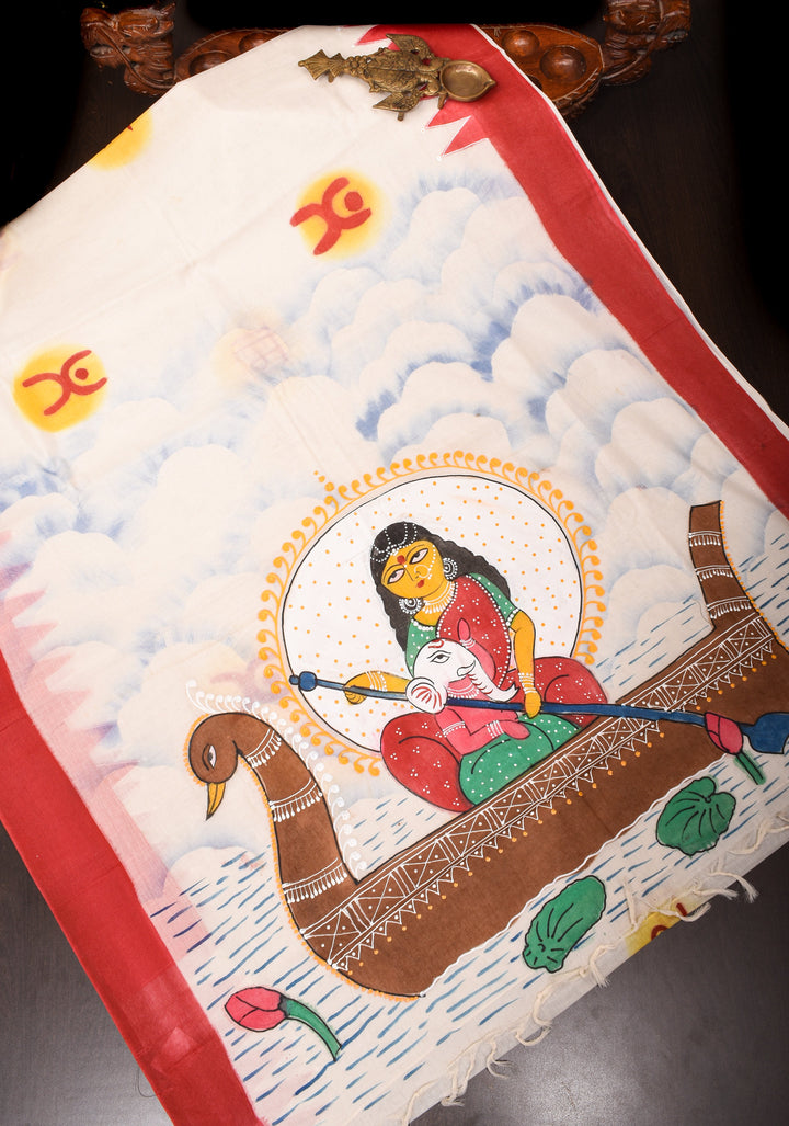 Cotton Saree with Handpainted Parvathy and Ganesha on Boat, Saree only, No Blouse Piece