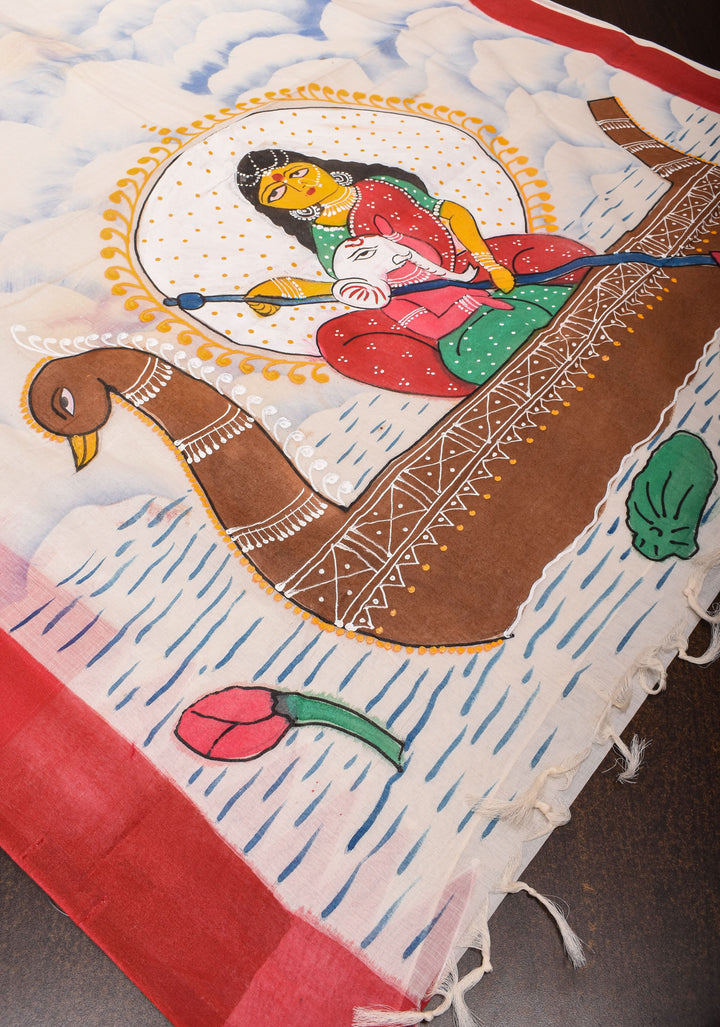 Cotton Saree with Handpainted Parvathy and Ganesha on Boat, Saree only, No Blouse Piece