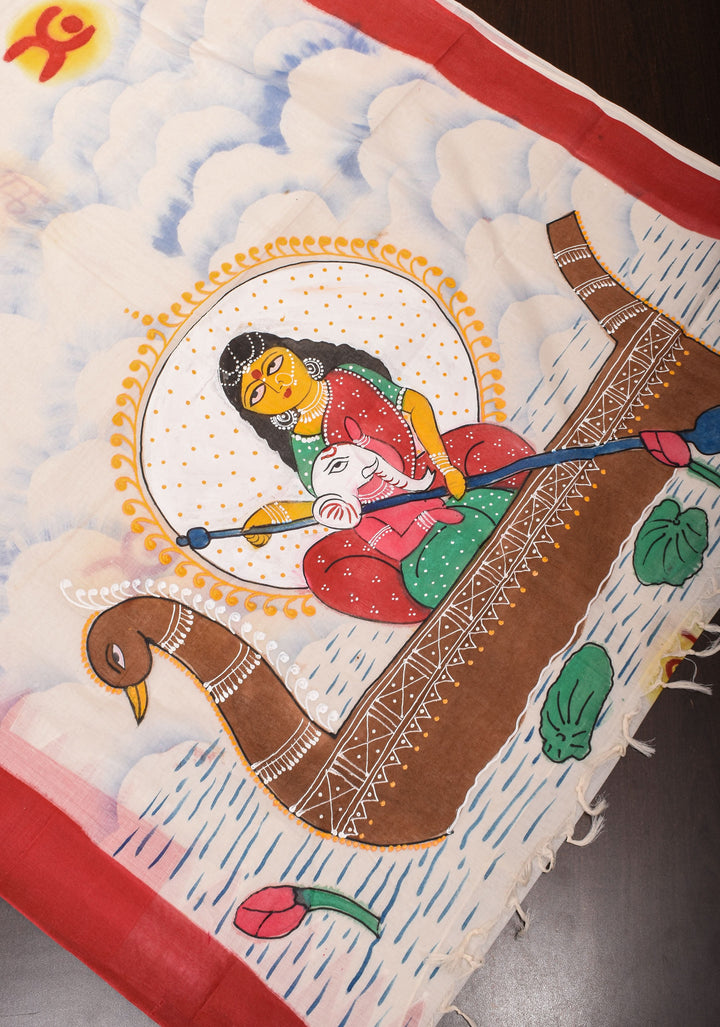 Cotton Saree with Handpainted Parvathy and Ganesha on Boat, Saree only, No Blouse Piece