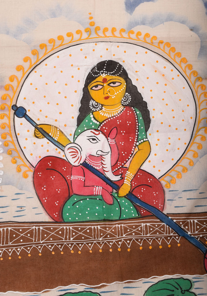 Cotton Saree with Handpainted Parvathy and Ganesha on Boat, Saree only, No Blouse Piece
