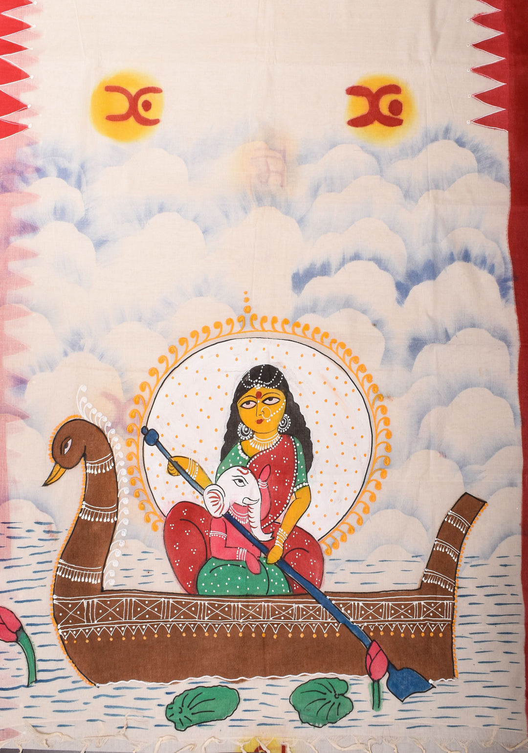 Cotton Saree with Handpainted Parvathy and Ganesha on Boat, Saree only, No Blouse Piece