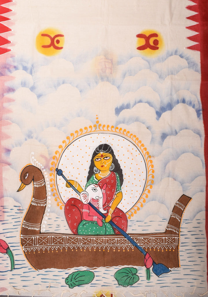 Cotton Saree with Handpainted Parvathy and Ganesha on Boat, Saree only, No Blouse Piece