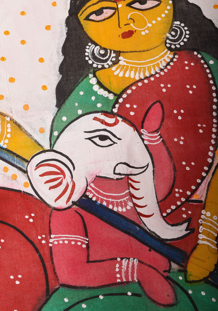 Cotton Saree with Handpainted Parvathy and Ganesha on Boat, Saree only, No Blouse Piece