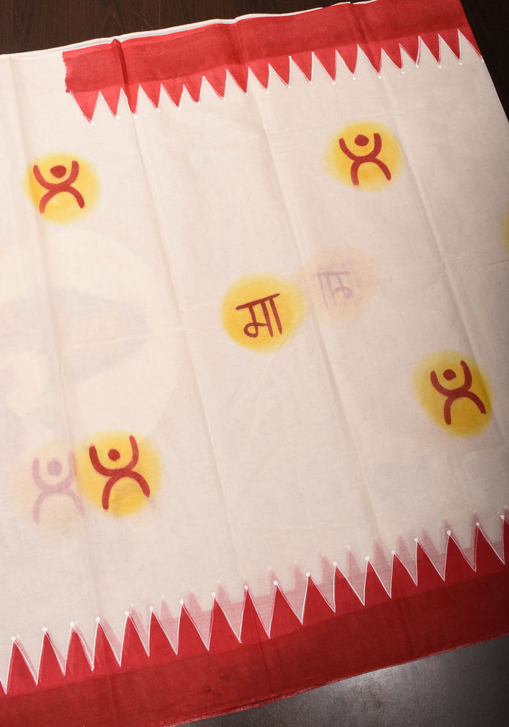 Cotton Saree with Handpainted Parvathy and Ganesha on Boat, Saree only, No Blouse Piece