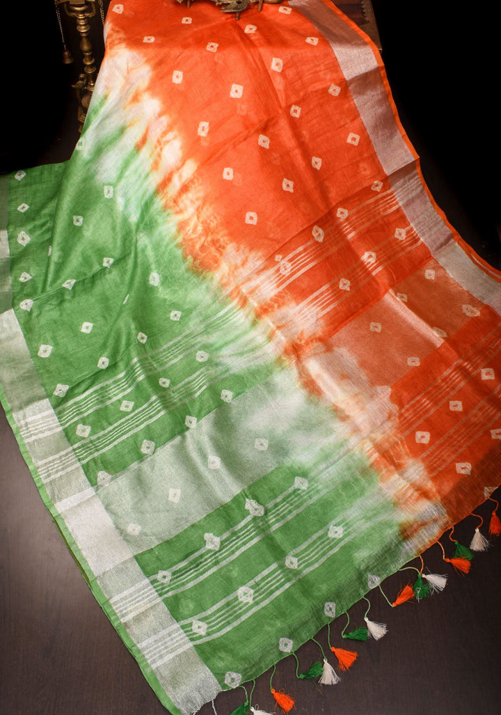 Tricolor Authentic Bandini - Shibori on Pure Linen by Linen Saree with Zari Border