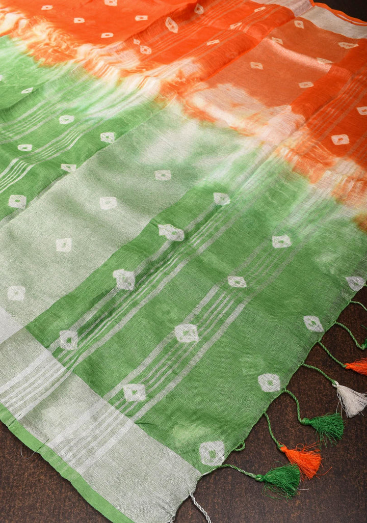 Tricolor Authentic Bandini - Shibori on Pure Linen by Linen Saree with Zari Border