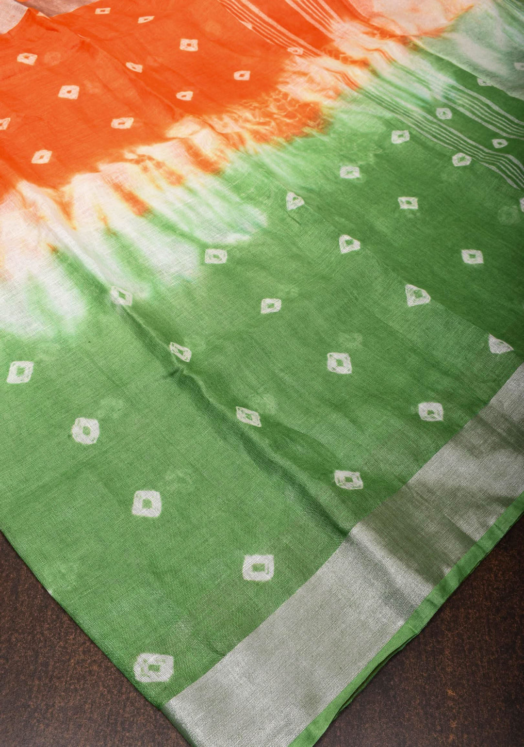 Tricolor Authentic Bandini - Shibori on Pure Linen by Linen Saree with Zari Border