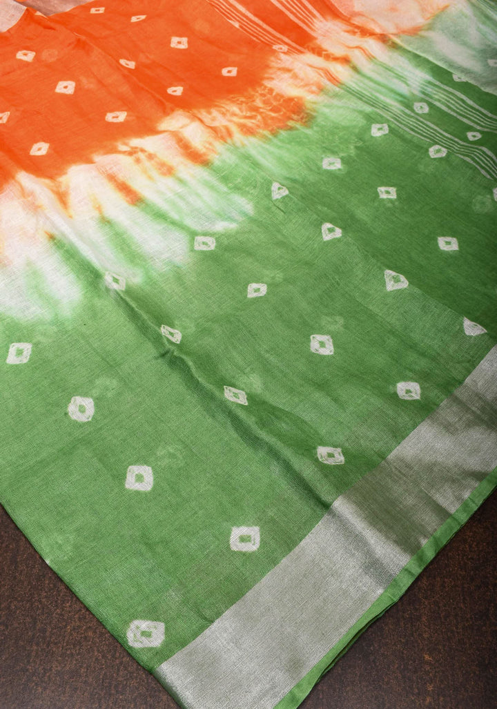 Tricolor Authentic Bandini - Shibori on Pure Linen by Linen Saree with Zari Border