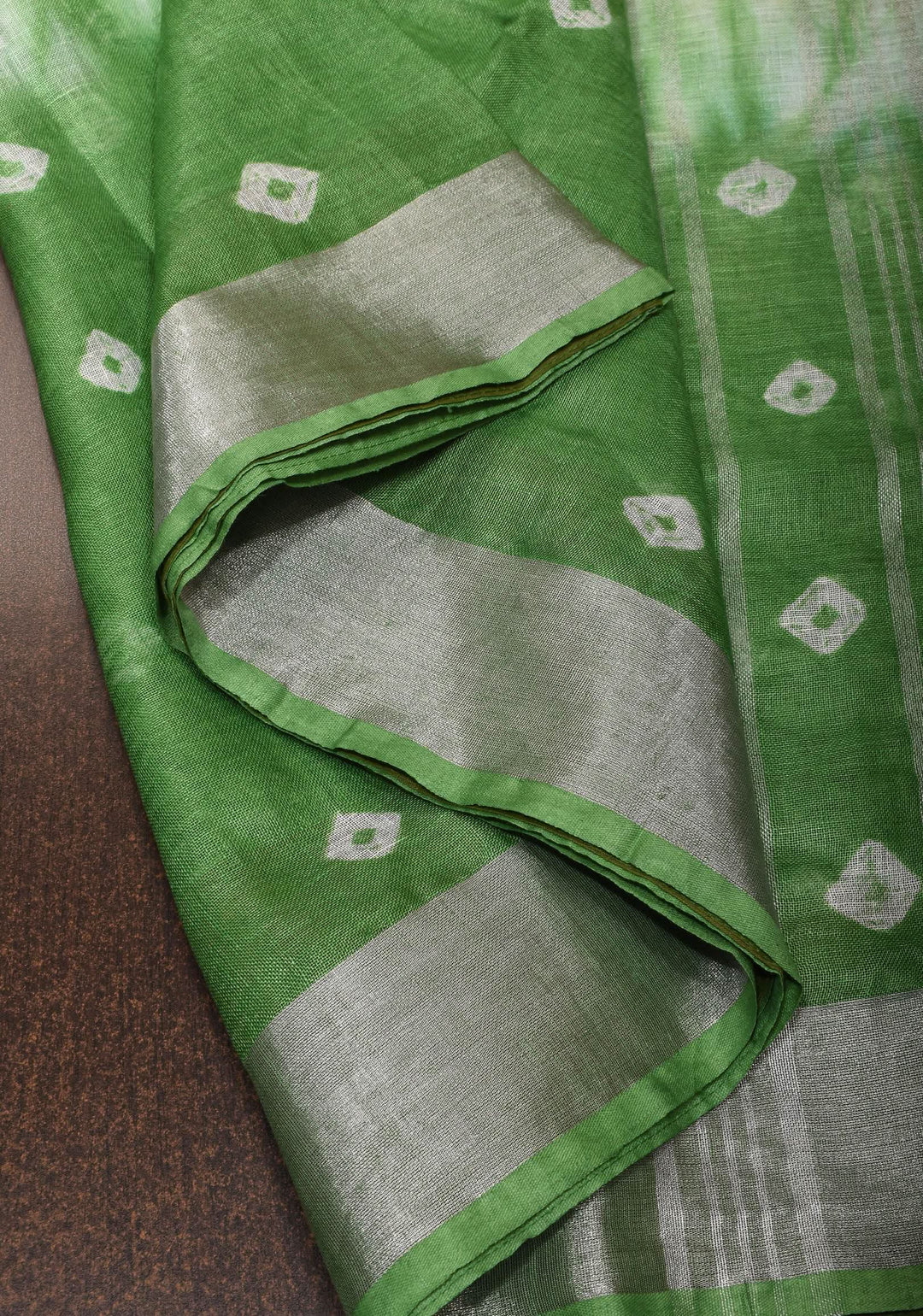 Tricolor Authentic Bandini - Shibori on Pure Linen by Linen Saree with Zari Border