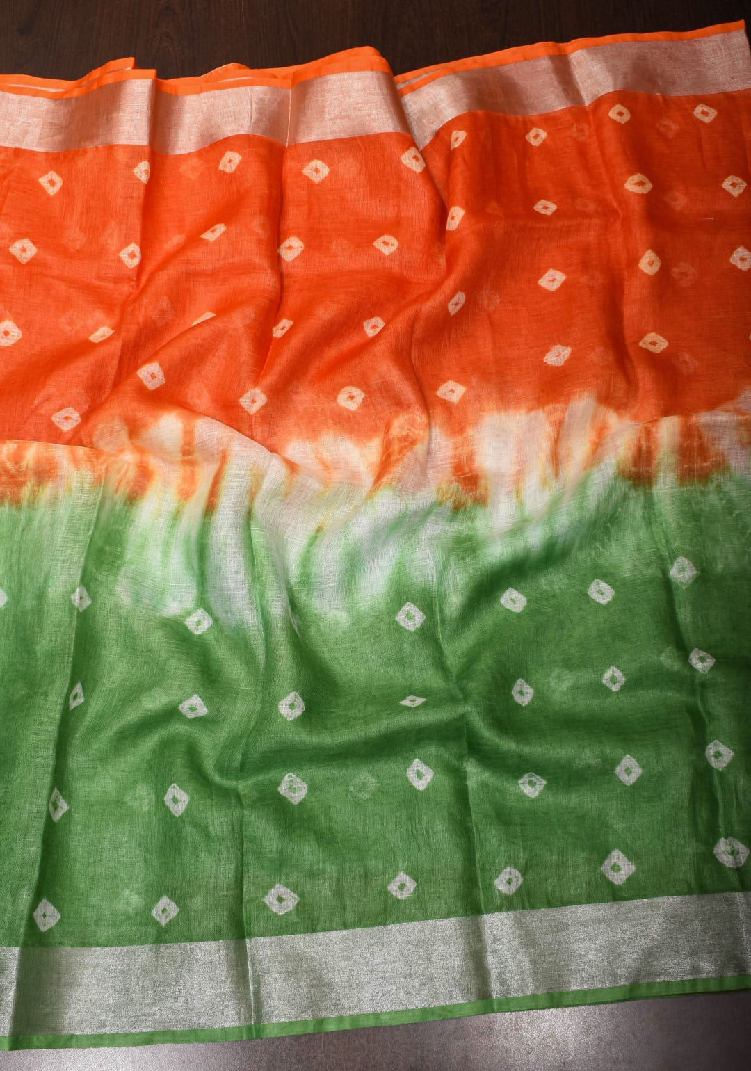Tricolor Authentic Bandini - Shibori on Pure Linen by Linen Saree with Zari Border