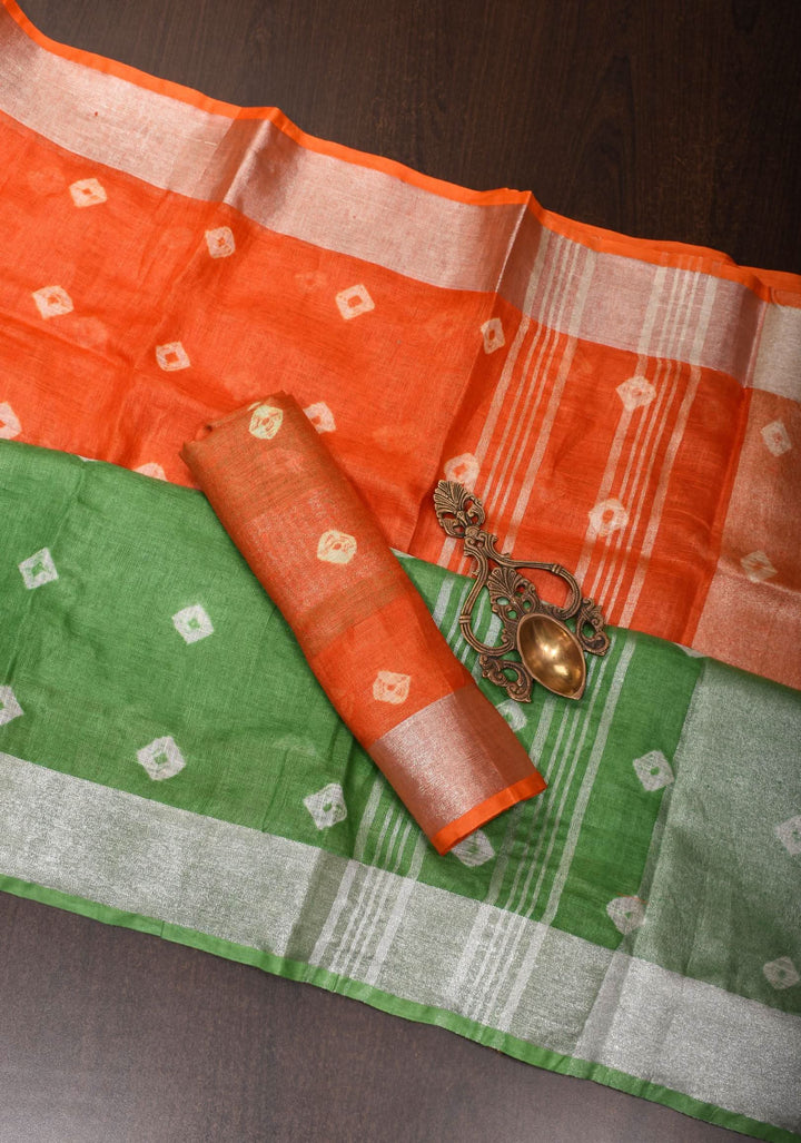 Tricolor Authentic Bandini - Shibori on Pure Linen by Linen Saree with Zari Border