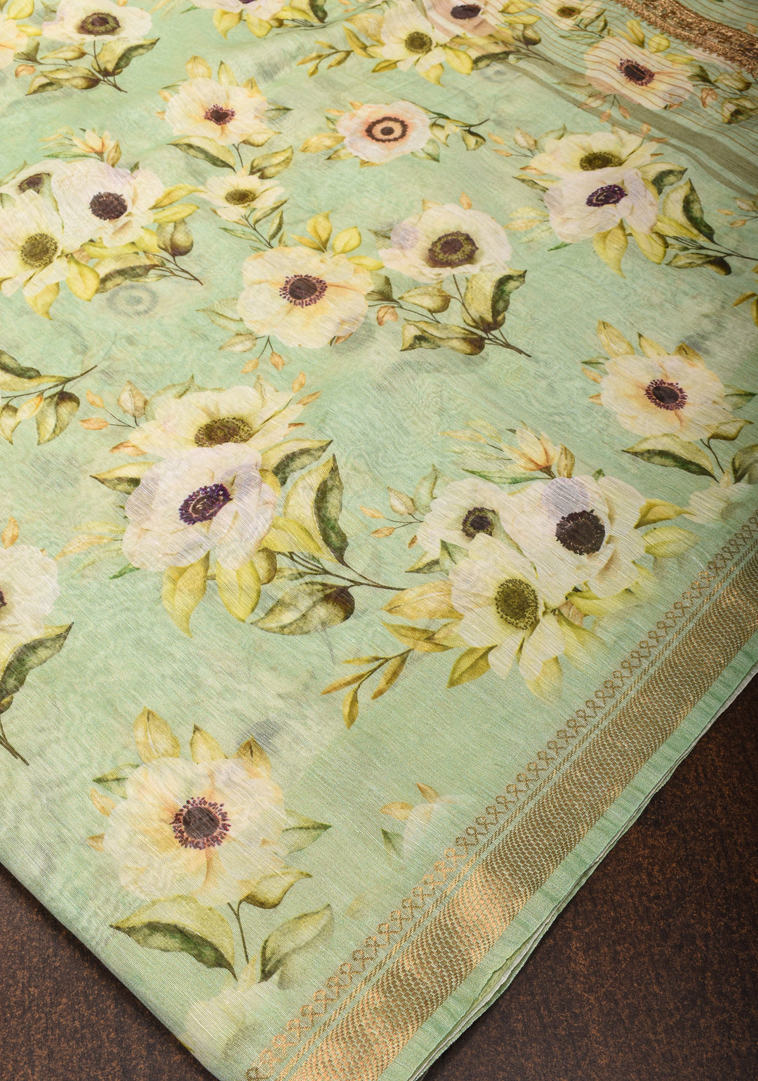 Silk Linen Saree in Pista Green with floral digital print and zari border