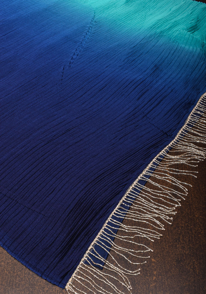 Contemporary shaded Satin pleated half and half saree in Shades of Blue, No Blouse piece
