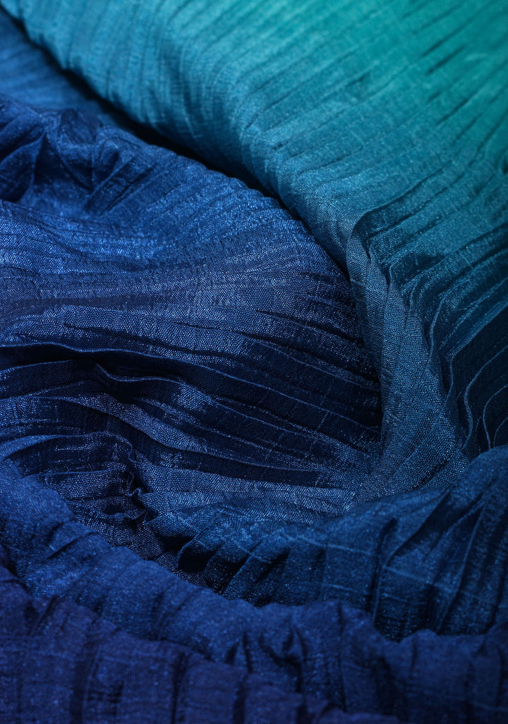 Contemporary shaded Satin pleated half and half saree in Shades of Blue, No Blouse piece