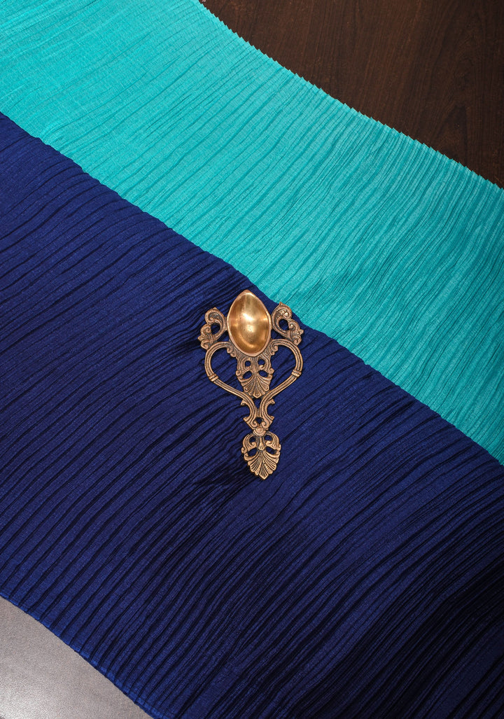 Contemporary shaded Satin pleated half and half saree in Shades of Blue, No Blouse piece