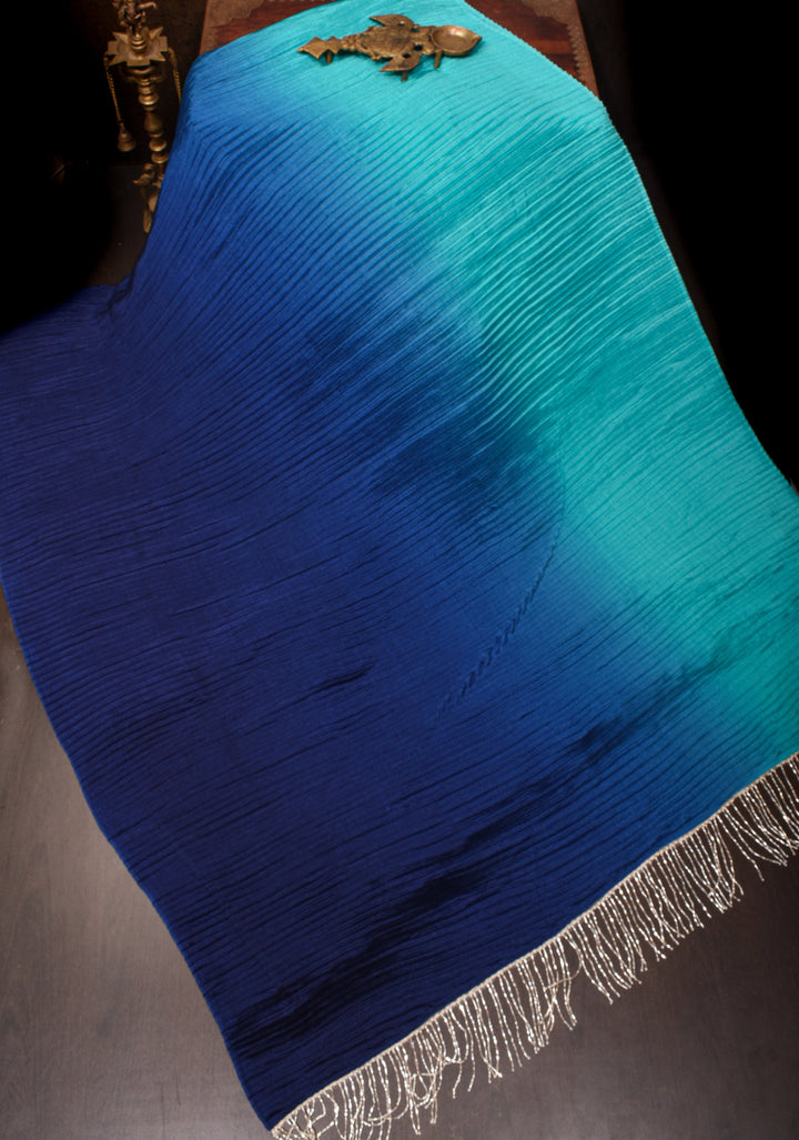 Contemporary shaded Satin pleated half and half saree in Shades of Blue, No Blouse piece