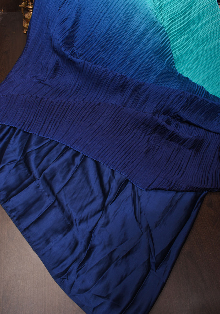 Contemporary shaded Satin pleated half and half saree in Shades of Blue, No Blouse piece