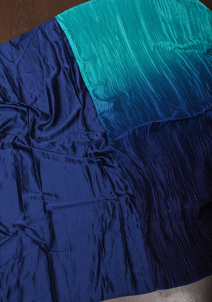 Contemporary shaded Satin pleated half and half saree in Shades of Blue, No Blouse piece