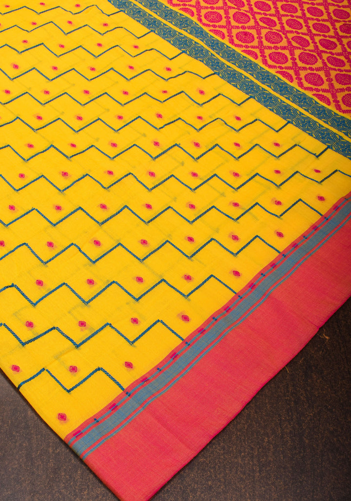 Bengal Cotton Saree in Yellow with Ganga Jamuna Border and steps design