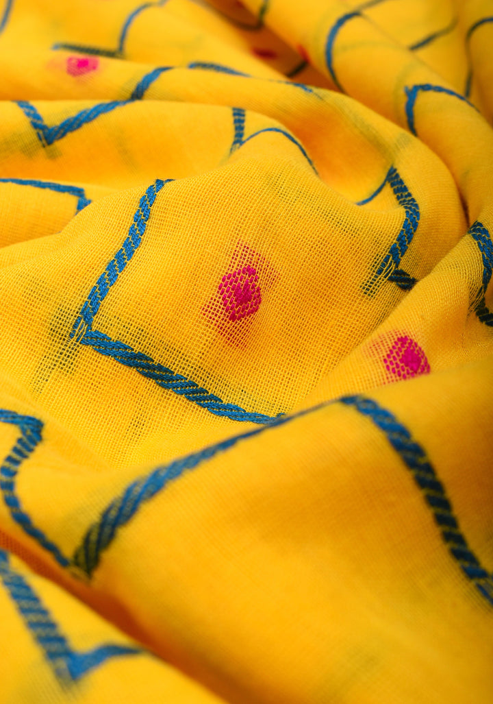 Bengal Cotton Saree in Yellow with Ganga Jamuna Border and steps design