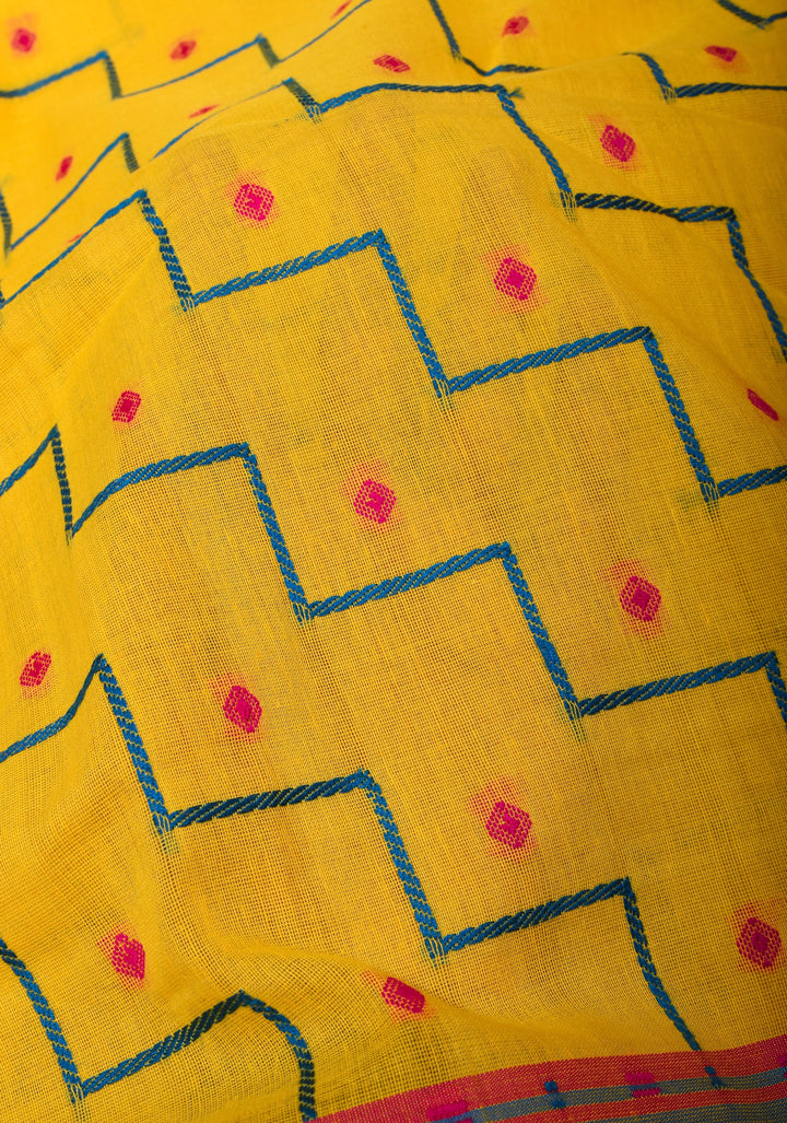 Bengal Cotton Saree in Yellow with Ganga Jamuna Border and steps design